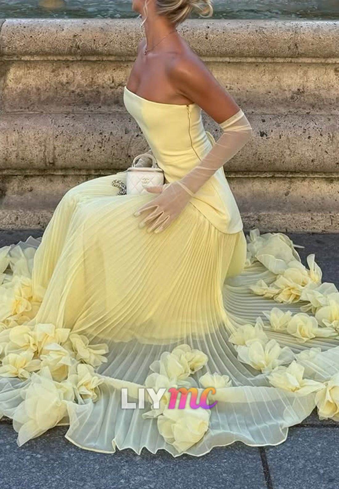 Strapless Drop-Waist Gown with Pleated 3D Floral Skirt