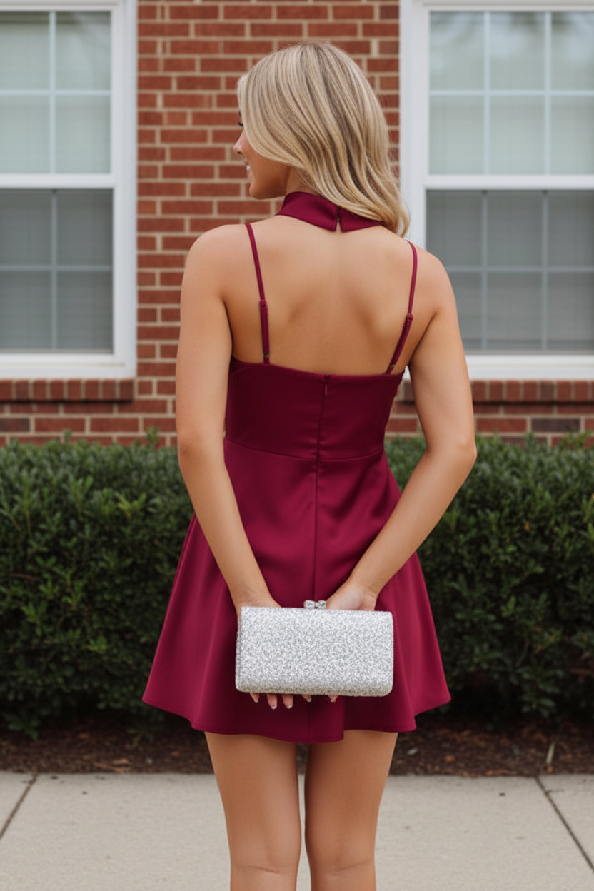 Satin Sweetheart Mini Dress with Neck Sash