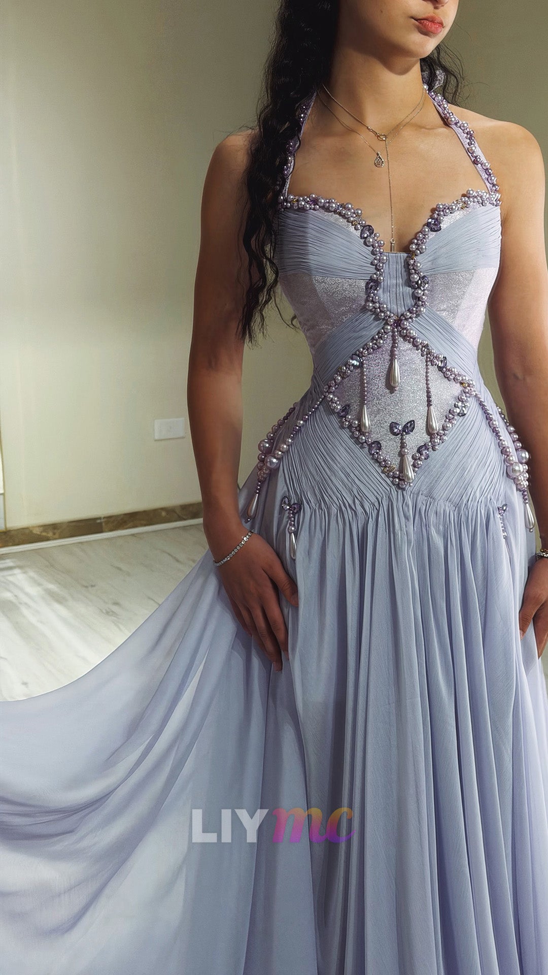 Halter Neck Beaded Bodice Pleated Gown