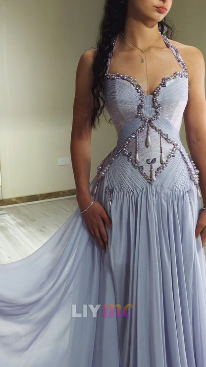 Halter Neck Beaded Bodice Pleated Gown