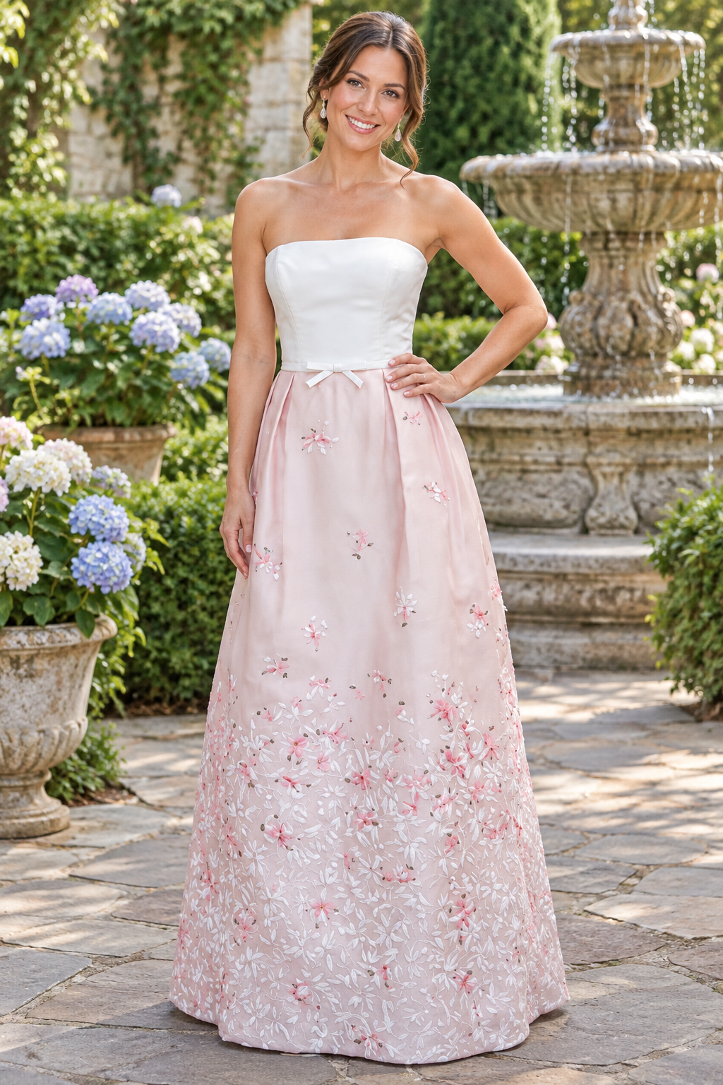 Strapless Floral A-Line Gown with Bow Waistband