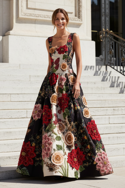 3D Floral Applique Beaded Ball Gown with Pockets