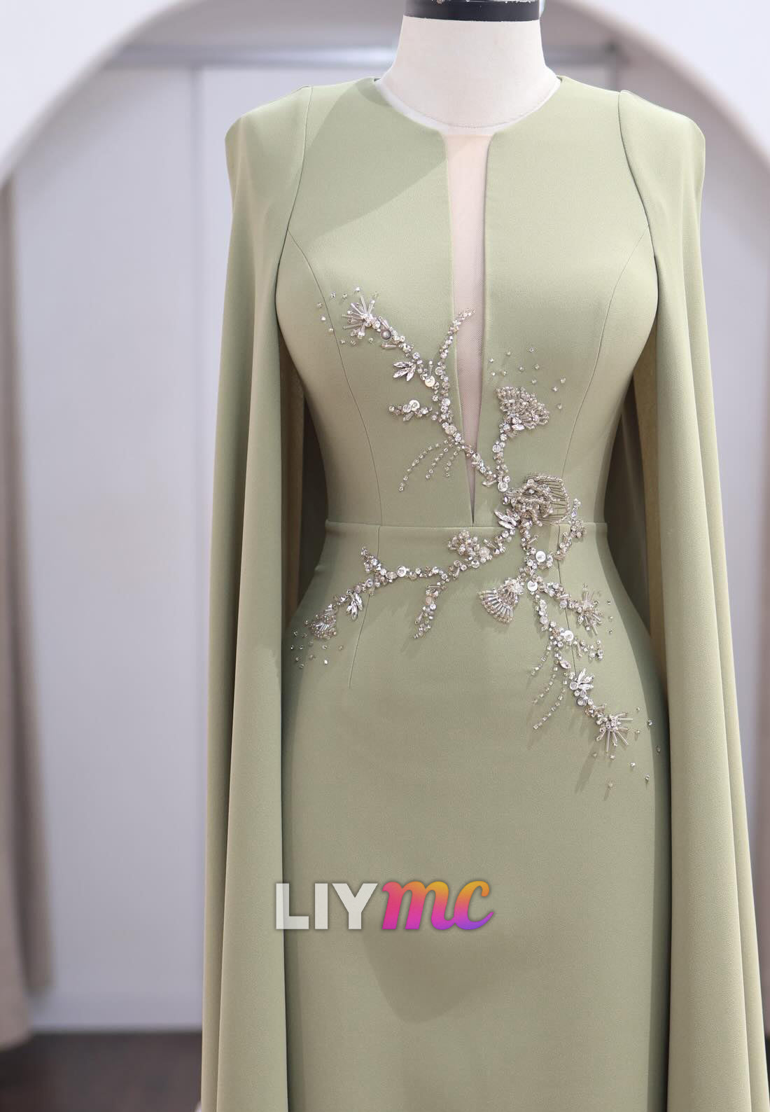 Crepe Sheath Evening Gown with Cape and Crystal Beadwork