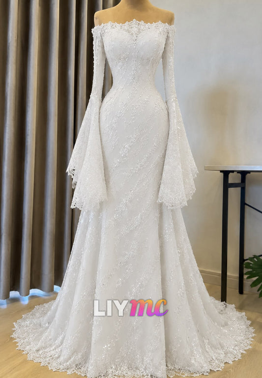Off-the-Shoulder Bell Sleeve Lace Wedding Dress