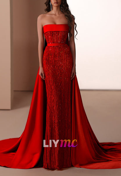 Strapless Column Gown with Overskirt & Sequins