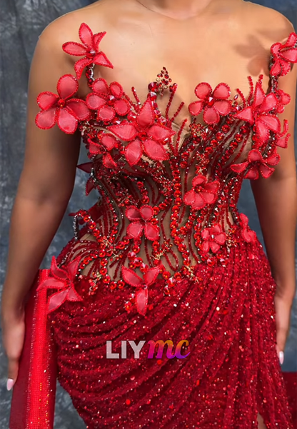 3D Floral Sequin Evening Gown with Slit