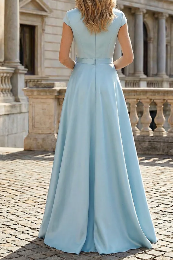 Cap Sleeve Evening Gown with Floral Skirt and Overskirt