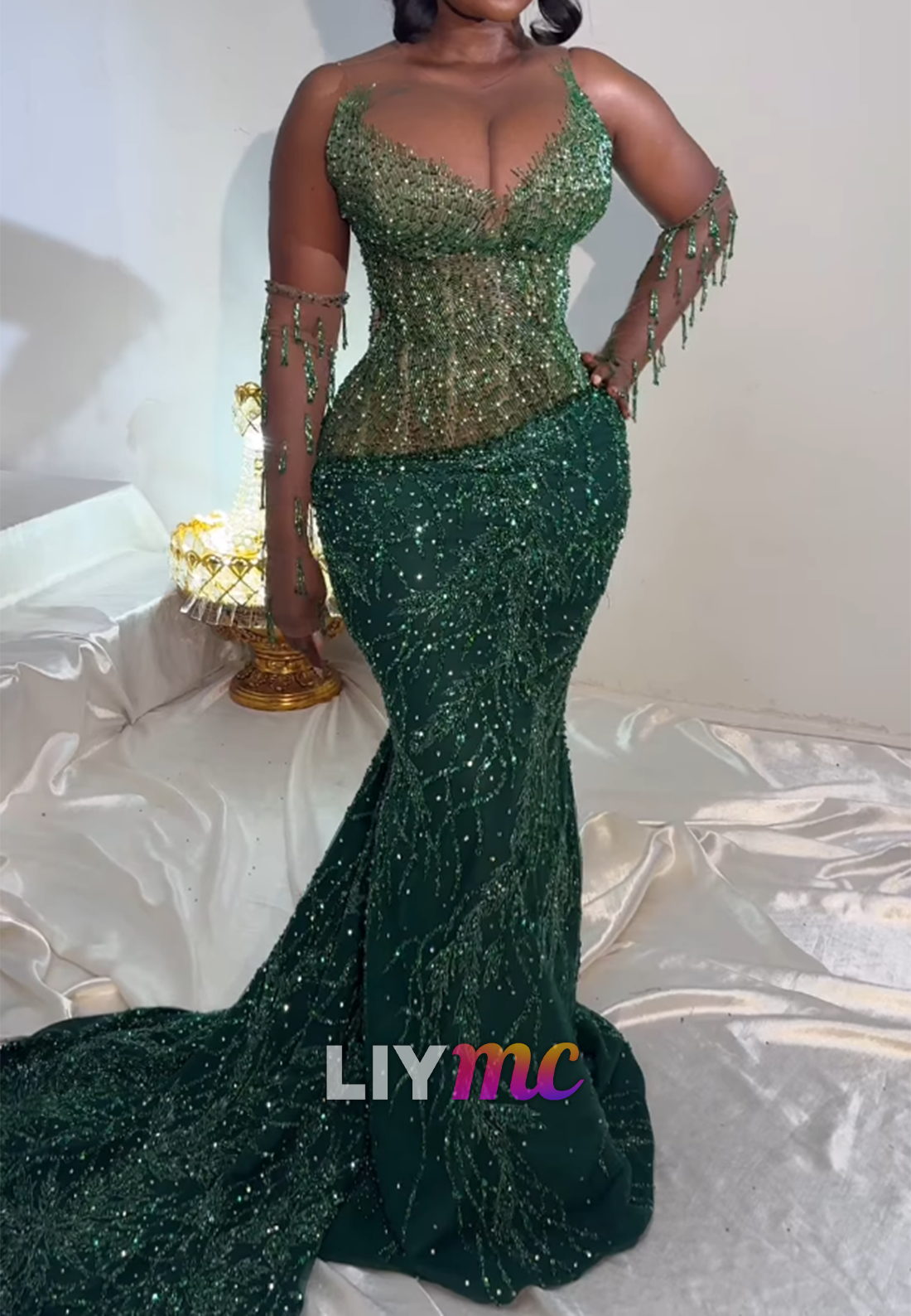 Beaded Illusion Mermaid Gown with Fringe Sleeves