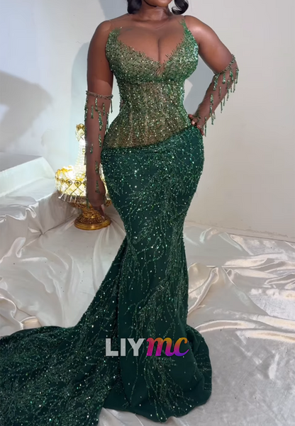 Beaded Illusion Mermaid Gown with Fringe Sleeves