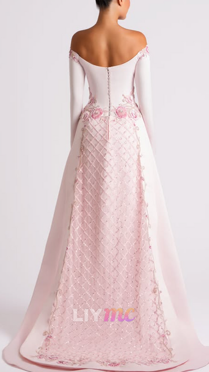 Floral Embroidered Off-Shoulder Gown with Train