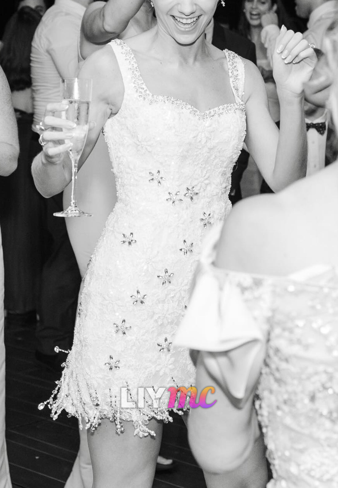 Beaded Fringe Mini Wedding Reception Dress