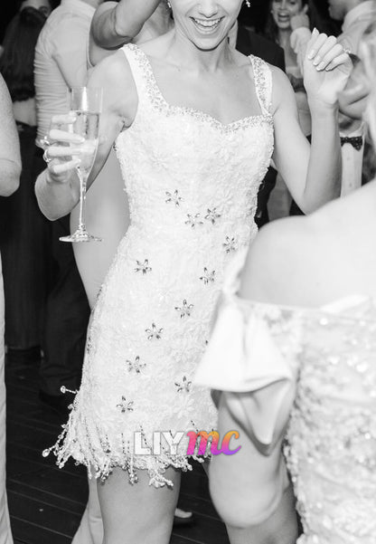Beaded Fringe Mini Wedding Reception Dress