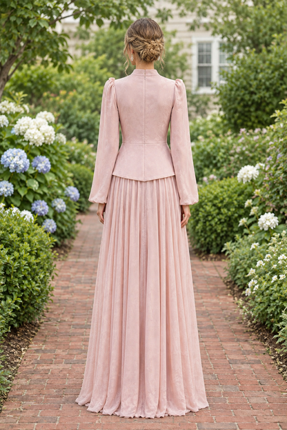 High-Neck Peplum Gown with Cape & 3D Floral Appliqués
