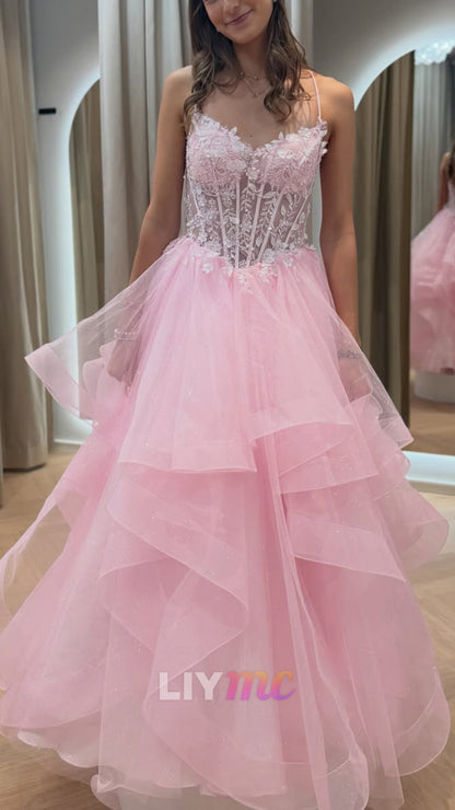 Tiered Glitter Ball Gown with Sheer Corset Bodice