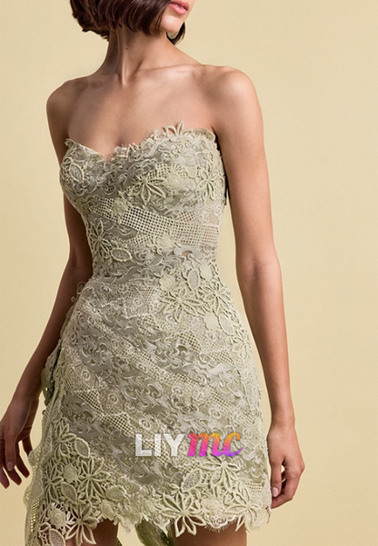 Strapless High-Low Lace Cocktail Dress