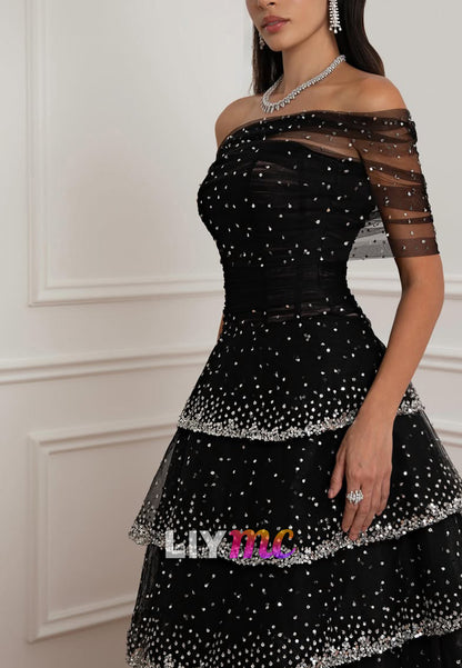 Tiered Sequin Off-the-Shoulder Maxi Gown