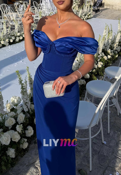 Off-The-Shoulder Satin Evening Gown with Slit