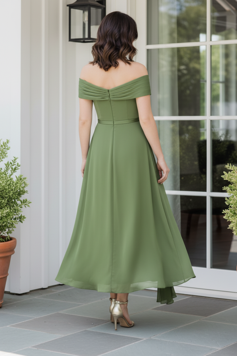 Off-the-Shoulder Pleated A-Line Midi Dress