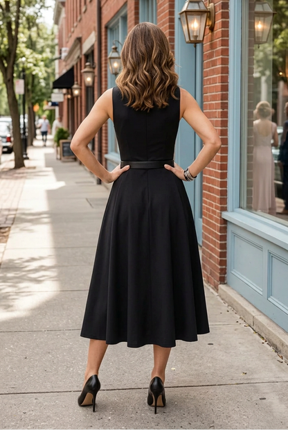 Sleeveless High Neck Midi Dress with Pockets