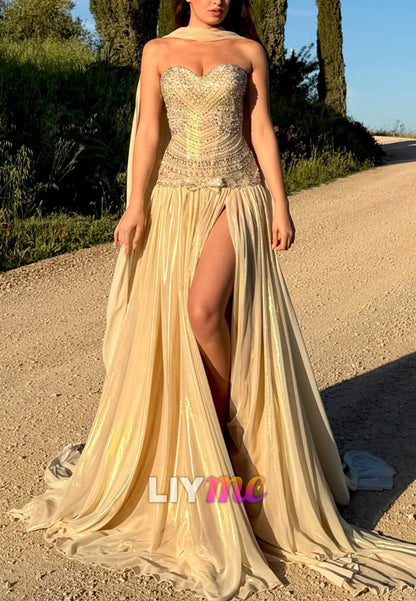 Sweetheart Beaded Corset Gown with Cape and Slit