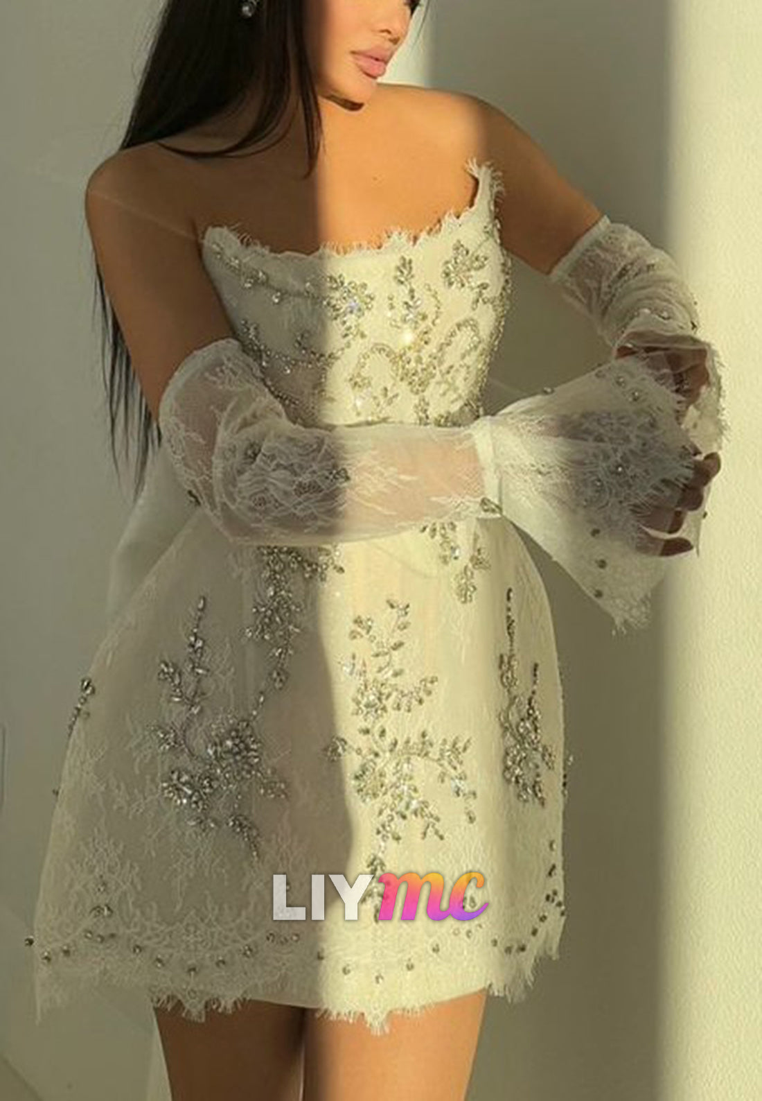 Beaded Lace Mini Dress with Oversized Back Bow