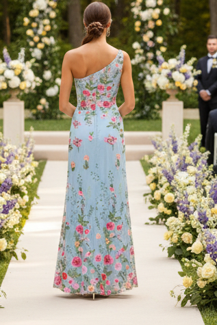 One Shoulder Floral Embroidered Evening Gown