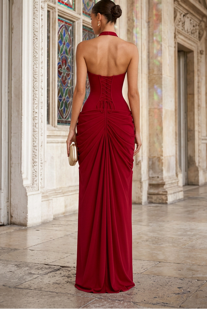 Halter Neck Draped Evening Gown with Slit