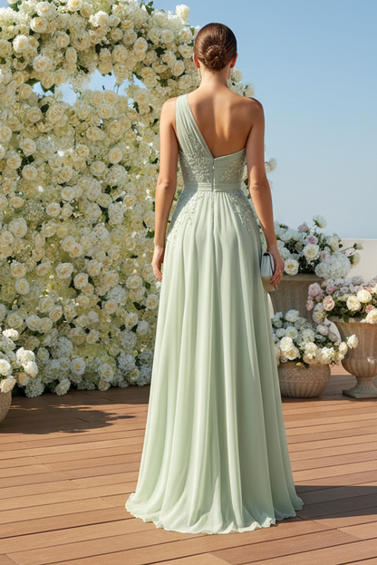 One-Shoulder Embroidered Chiffon A-Line Gown