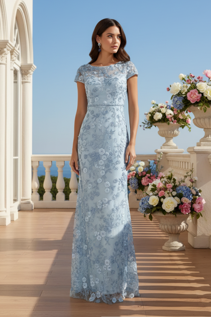 Floral Applique Bateau Neck Cap Sleeve Evening Gown