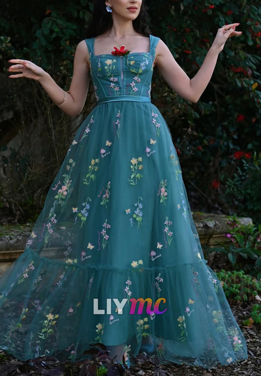 Embroidered Tulle Tiered Maxi Dress with Corset Bodice