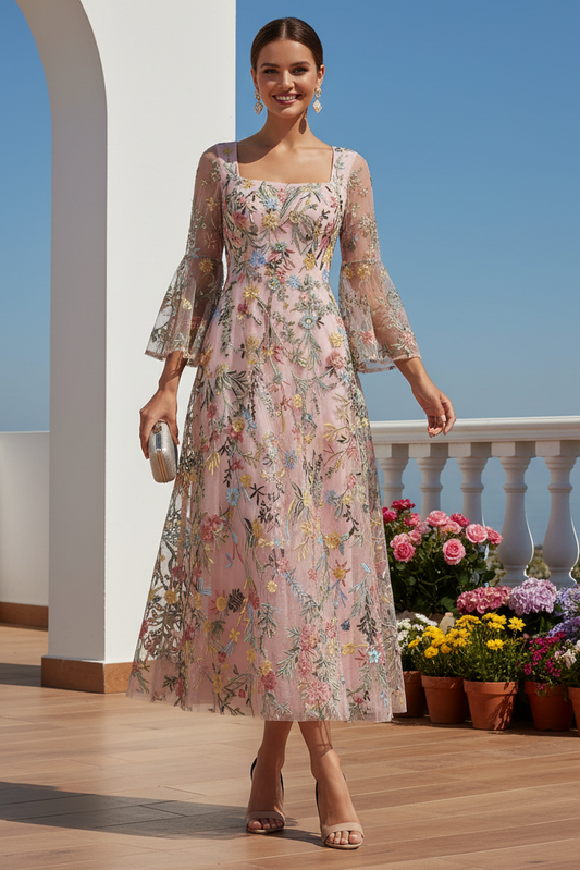 Floral Embroidered Bell Sleeve A-Line Dress