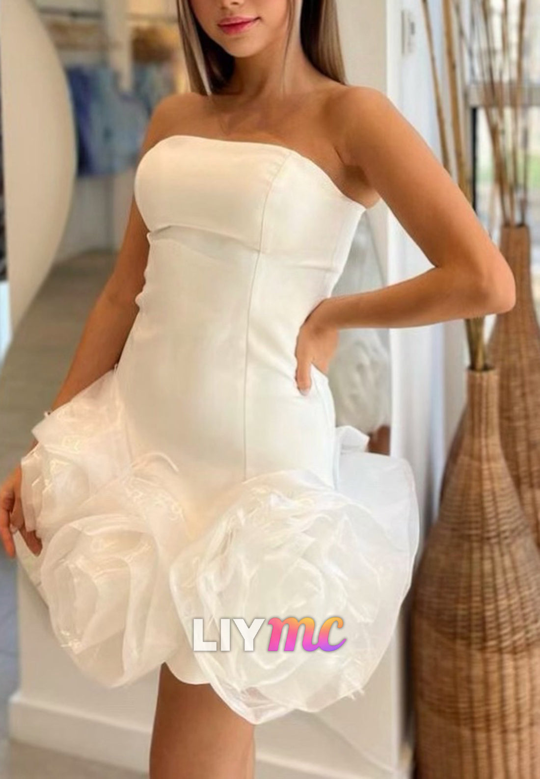 Strapless Mini Dress with 3D Rosette Flower Hem