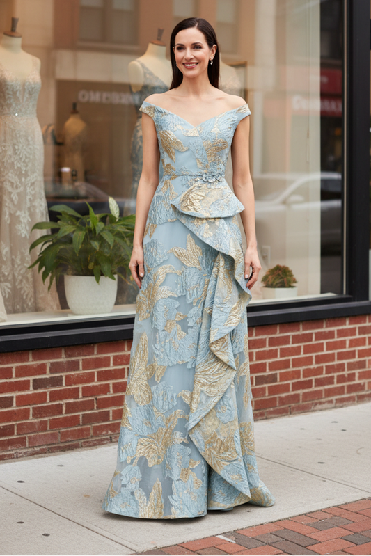 Off-the-Shoulder Metallic Jacquard A-Line Evening Gown
