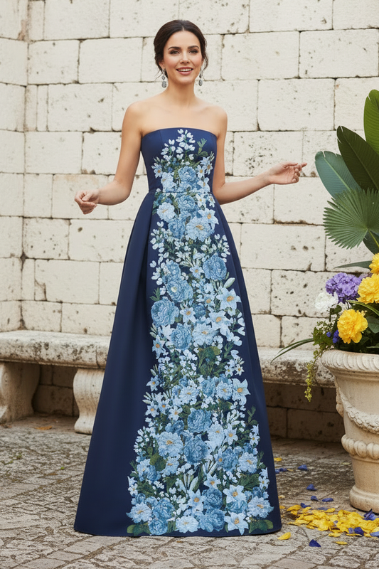 Strapless Floral Print A-Line Evening Gown