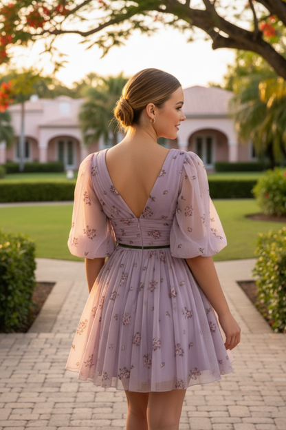 Floral Print Tulle A-Line Mini Dress with Puff Sleeves