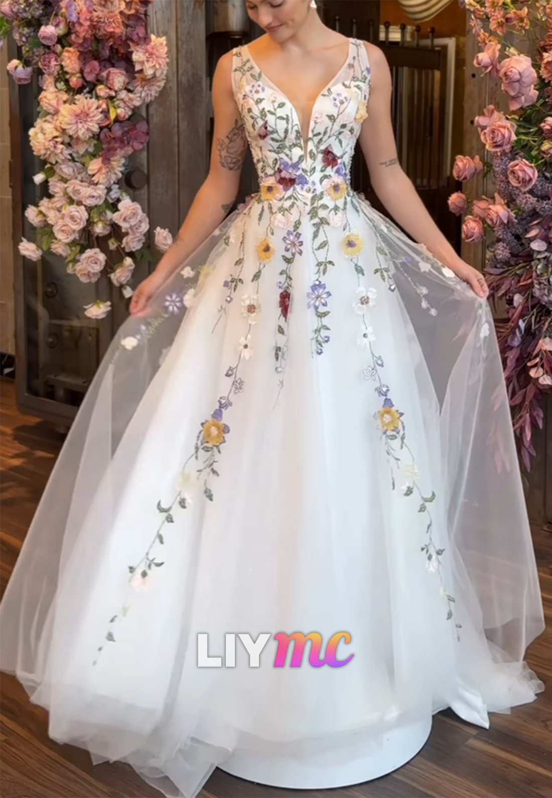 Embroidered Floral Illusion V-Neck A-Line Wedding Dress