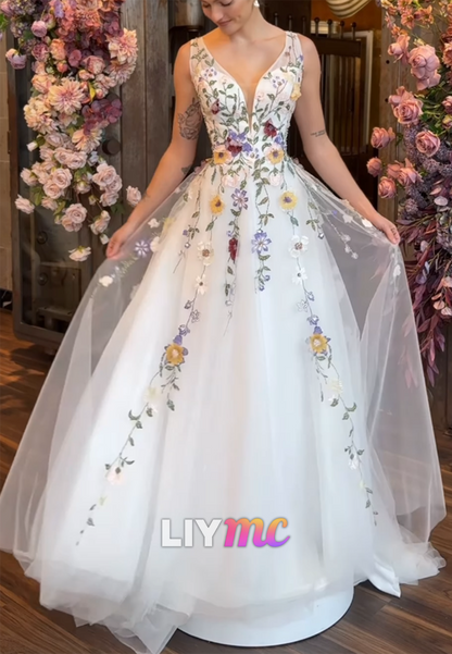 Embroidered Floral Illusion V-Neck A-Line Wedding Dress