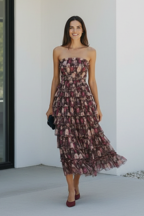 Strapless Tiered Ruffle Floral Tulle Midi Dress
