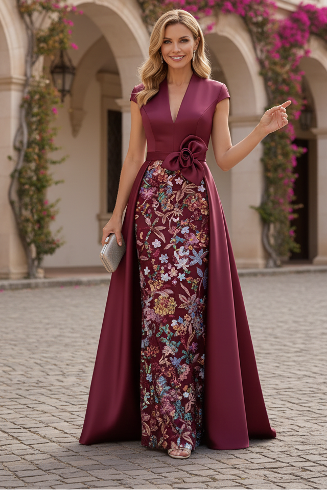 Cap Sleeve Evening Gown with Floral Skirt and Overskirt