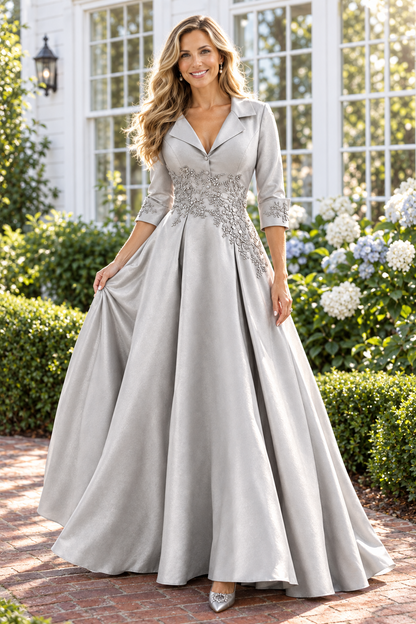 Embroidered Collared A-Line Gown with Slit