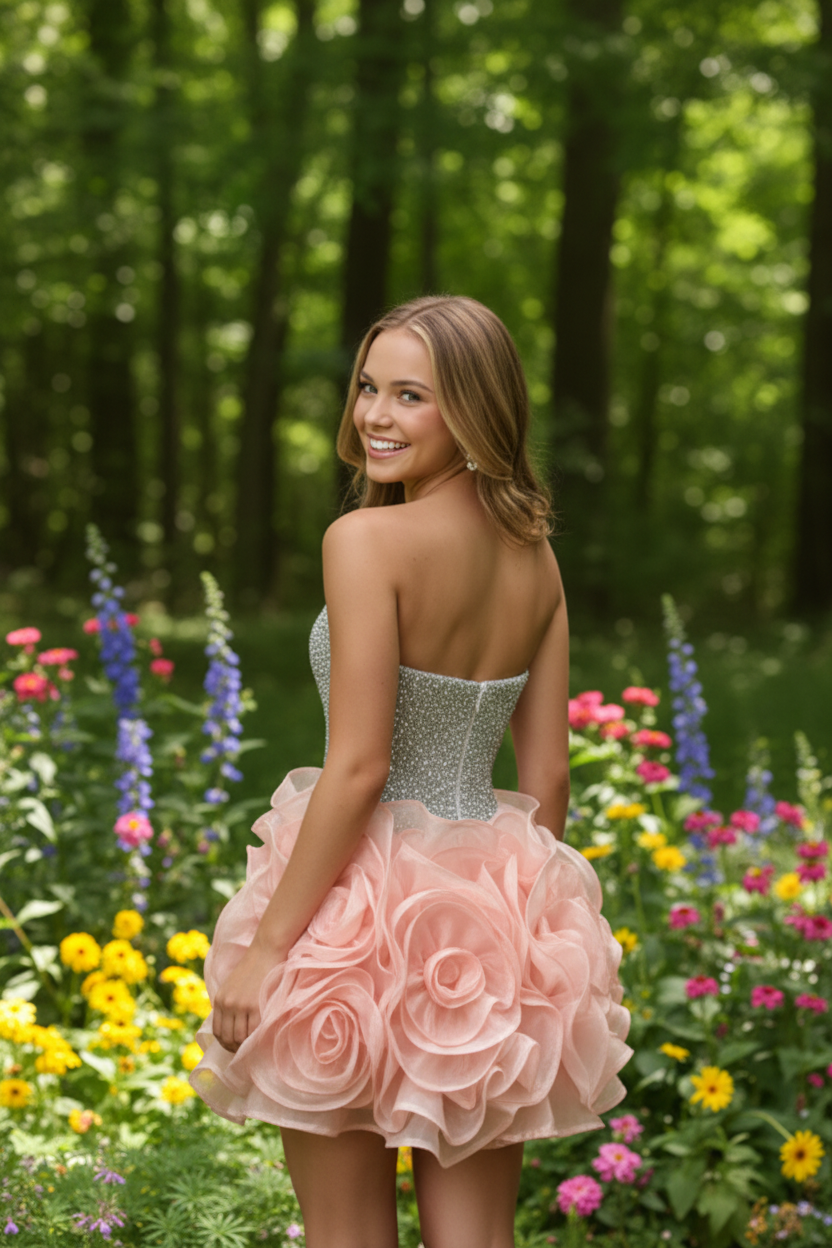 Strapless Beaded Bodice Mini Dress with 3D Floral Skirt