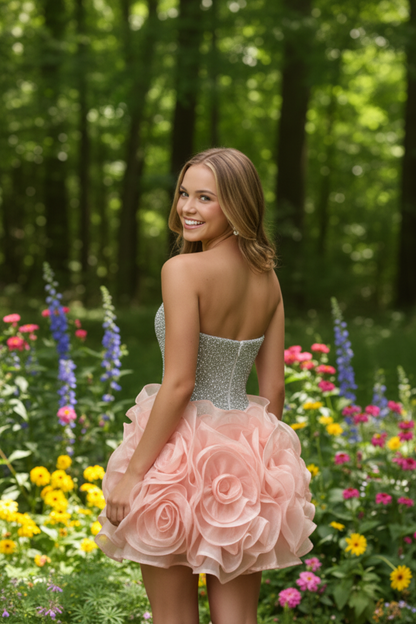 Strapless Beaded Bodice Mini Dress with 3D Floral Skirt