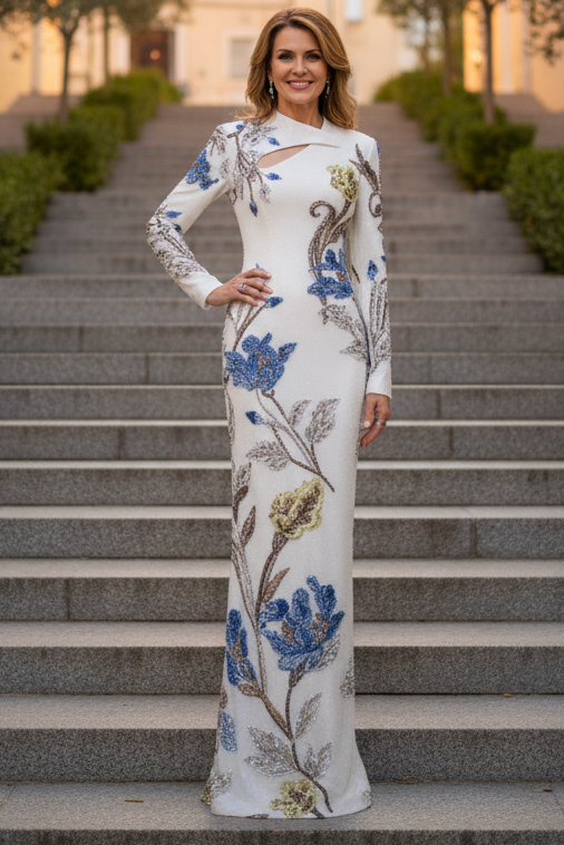 Embroidered Floral Sheath Gown with Cutout
