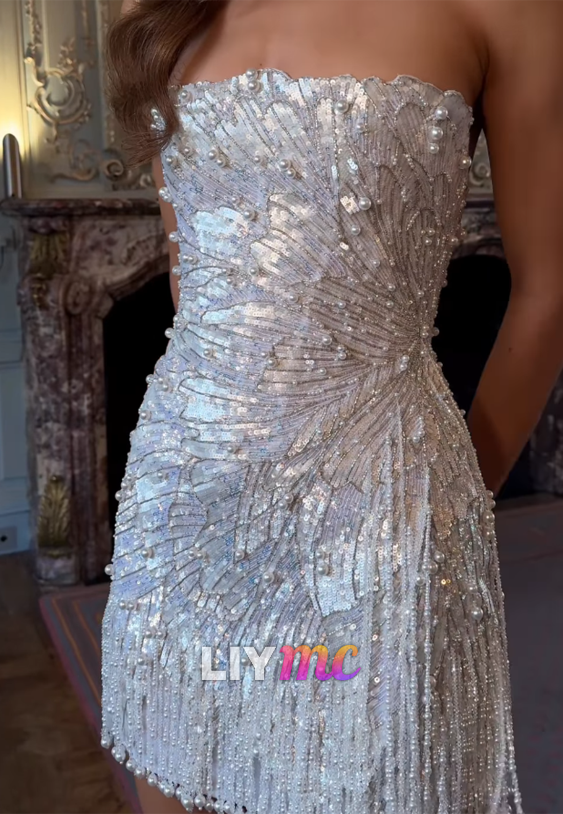 Strapless Pearl and Sequin Fringe Mini Dress