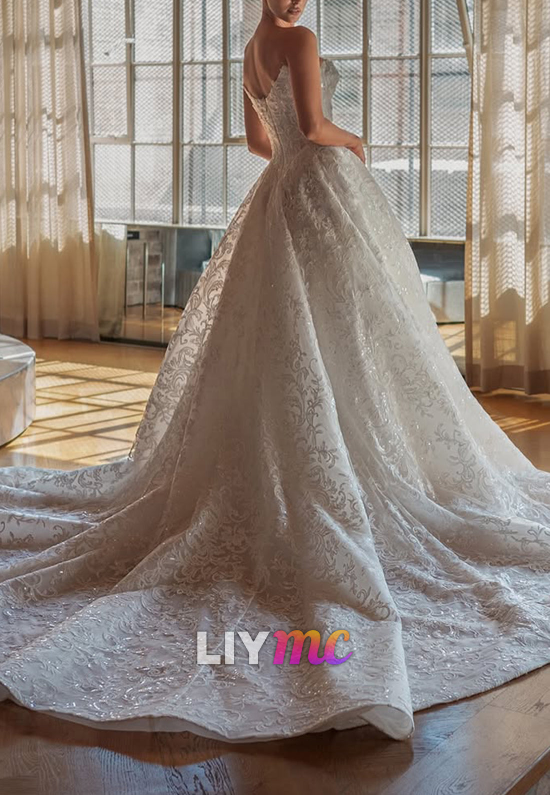 Off-the-Shoulder Lace Wedding Gown with High-Slit Skirt