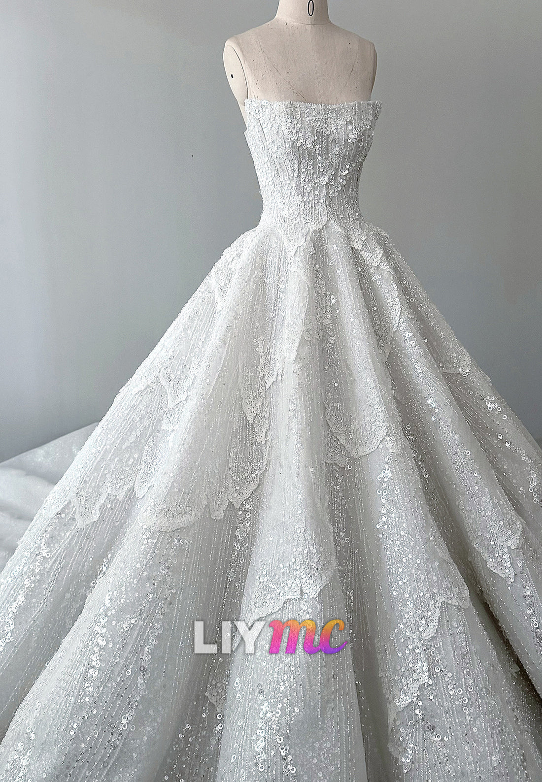 Strapless Tiered Sequin Lace Ball Gown Wedding Dress