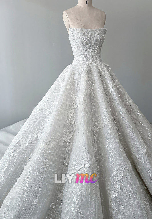Strapless Tiered Sequin Lace Ball Gown Wedding Dress