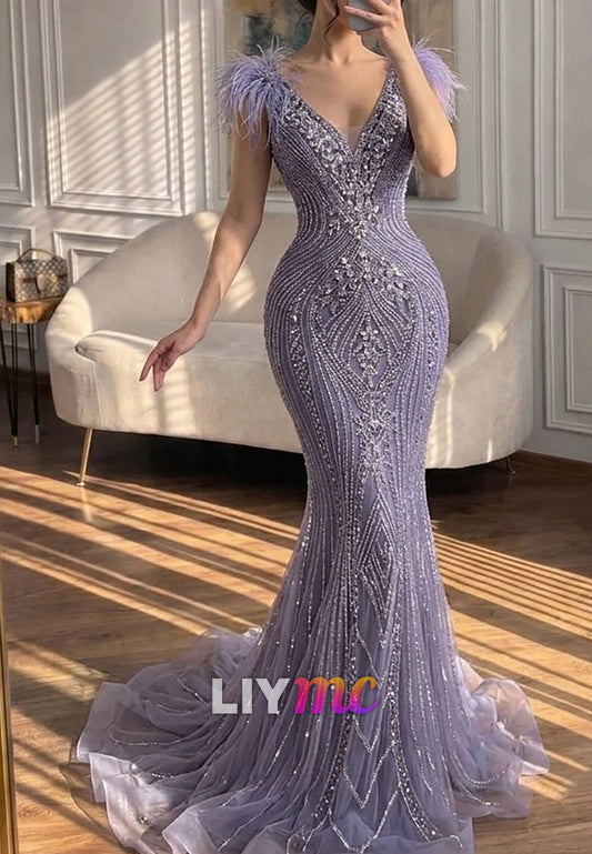Beaded Feather Mermaid Evening Dress with Train