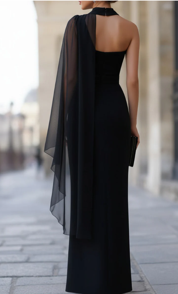Asymmetrical One-Shoulder Cape Evening Gown