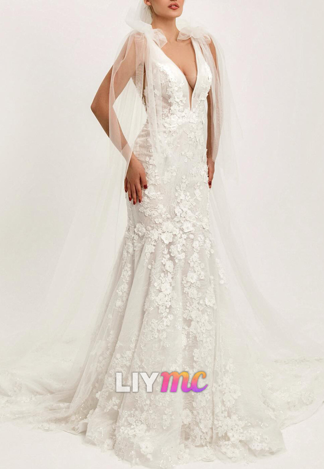 3D Floral Lace Mermaid Wedding Dress with Shoulder Bows
